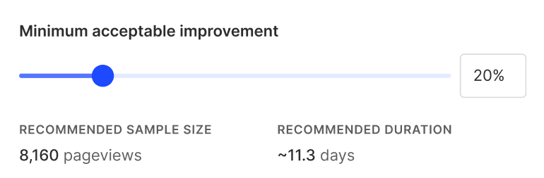 A slider set at 20% showing how long an experiment will need to be run in order to get the specified improvement