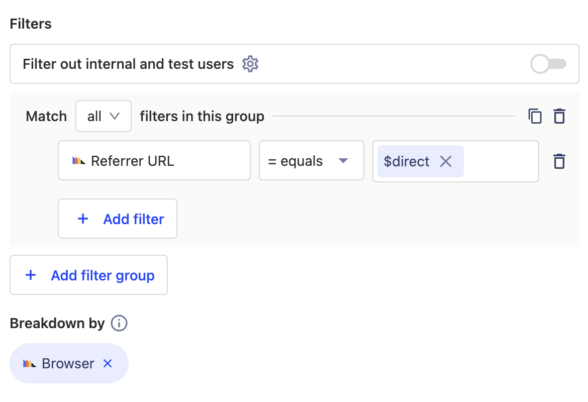 filter group for only direct referrers and breaking down by the browser